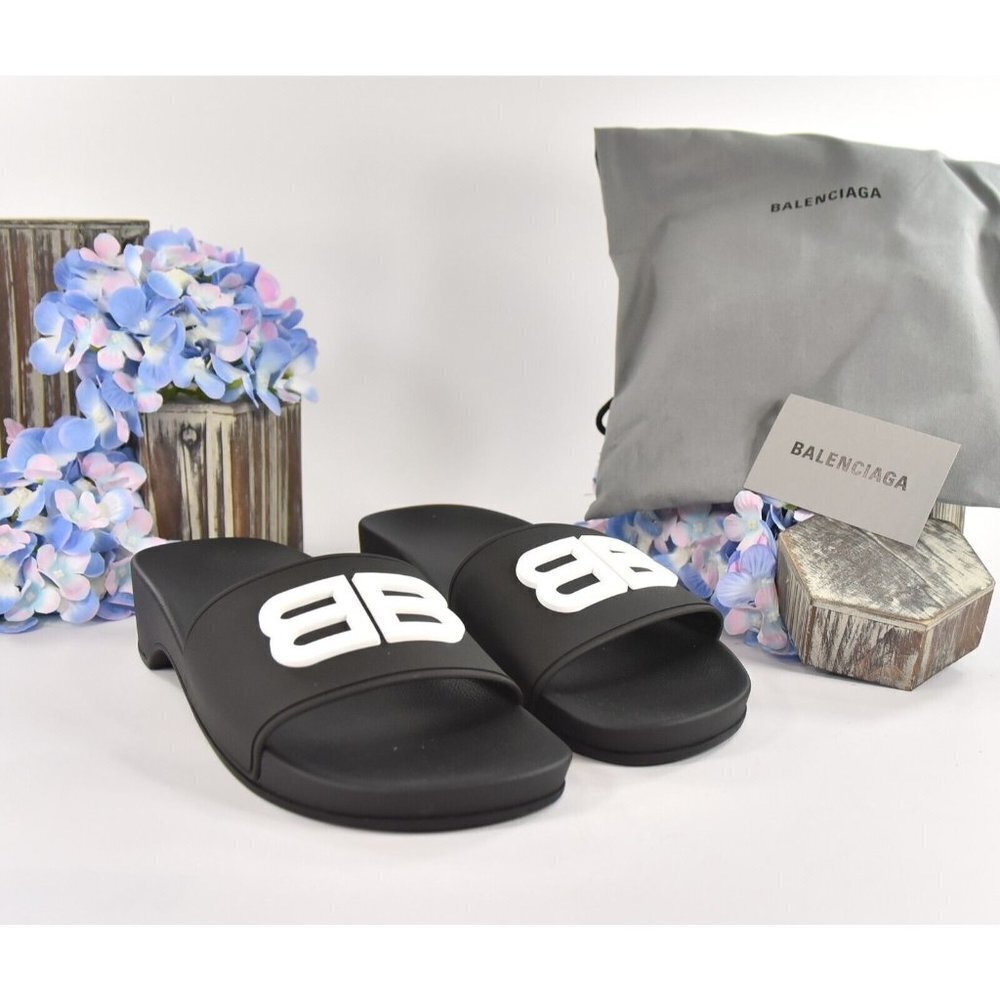 Balenciaga BB Black Rubber Wedge Slide Sandals Size 38 NIB - Picture 1 of 10